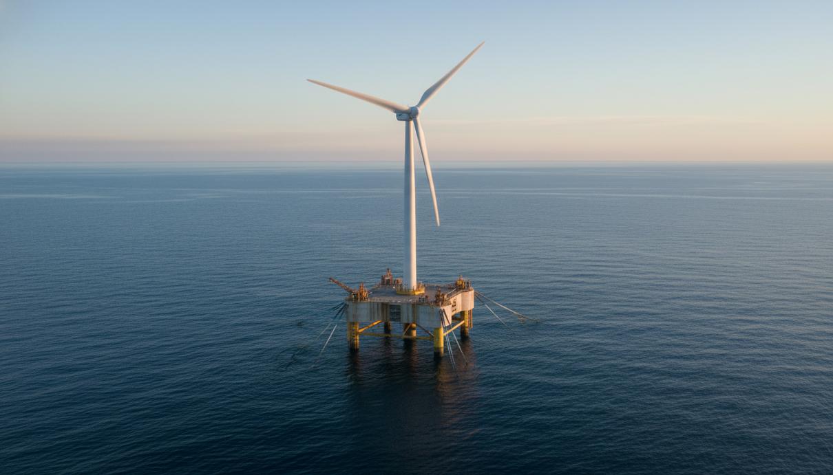 Плавучая платформа для ветрогенератора в открытом море на фоне горизонта