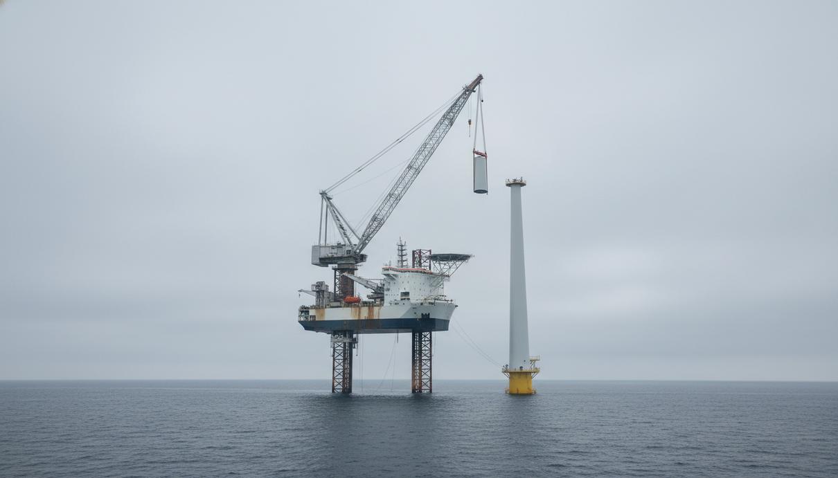 Монтажное судно устанавливает лопасти крупного ветрогенератора в открытом море