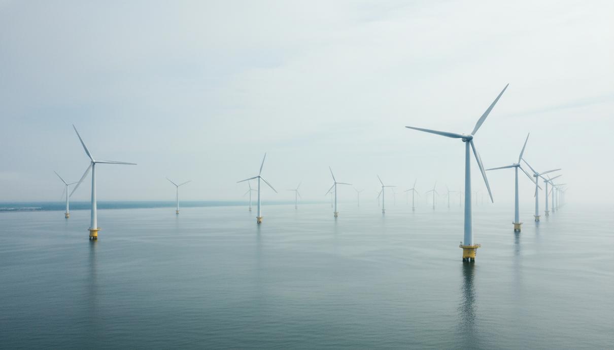 Морские ветряные турбины в прибрежных водах на фоне туманного горизонта у побережья США