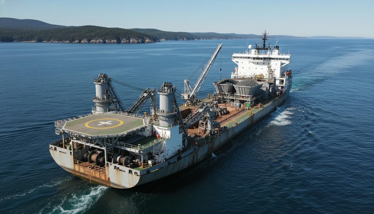 Специализированное морское судно Acadia для укладки камня во время движения в море на фоне неба