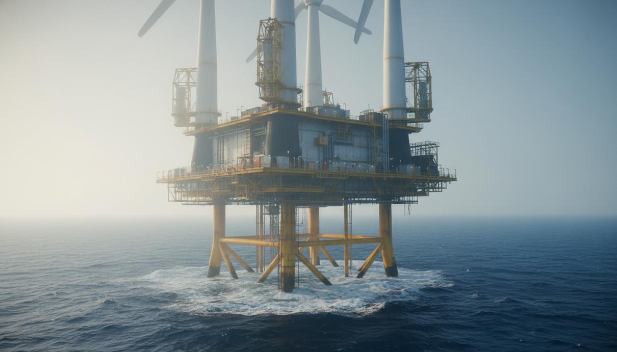 Плавучая ветряная турбина на стальном основании в открытом море у побережья Франции.