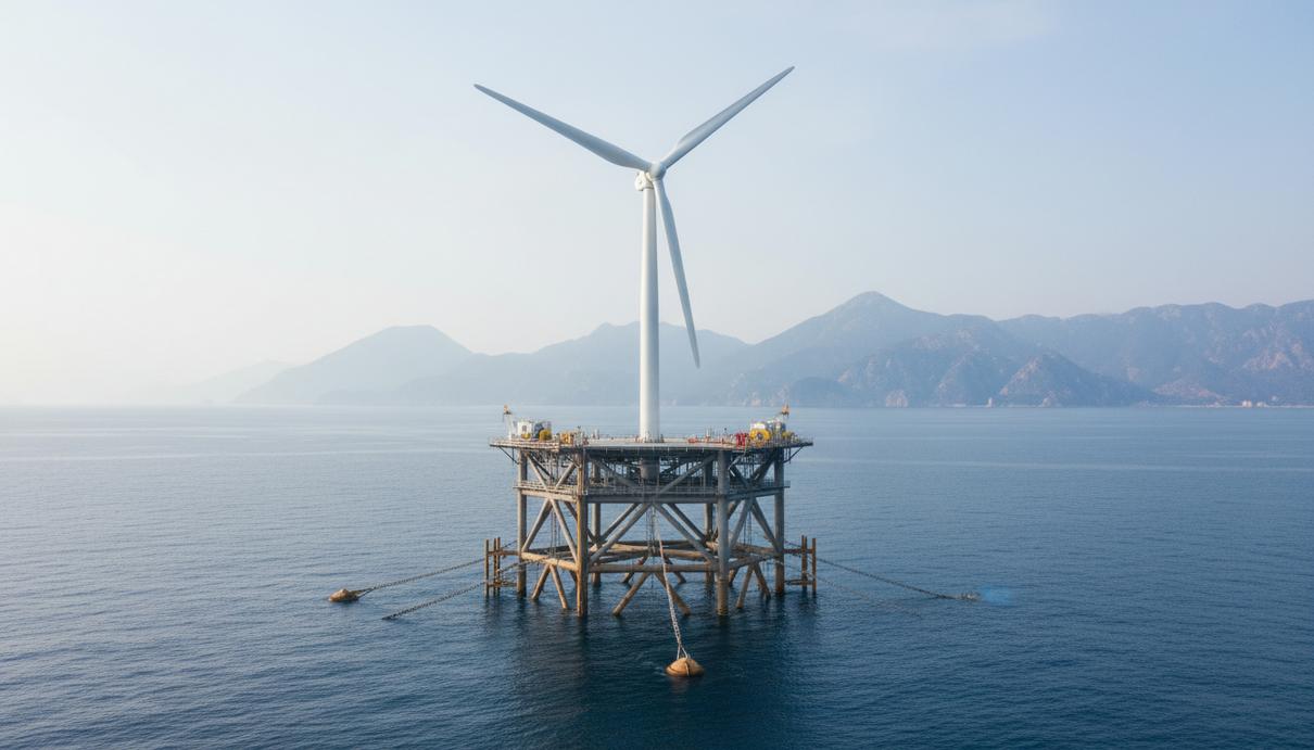 Плавучая морская ветряная турбина на стальной платформе в открытом океане