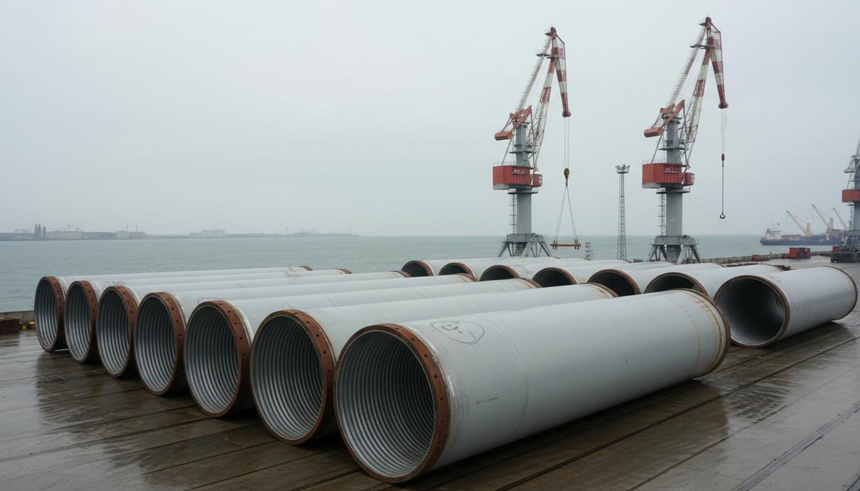 Ряды цилиндрических стальных конструкций для ветряных башен на территории промышленного порта.