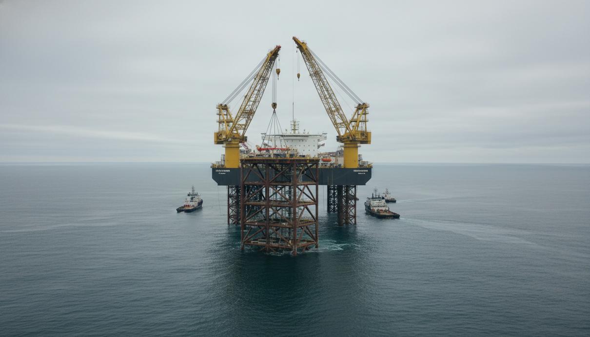 Огромное стальное основание морской платформы, установленное в открытом Северном море