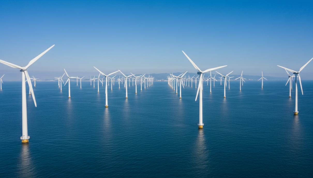 Морская ветроэлектростанция с рядами белых турбин в океане у побережья Тайваня