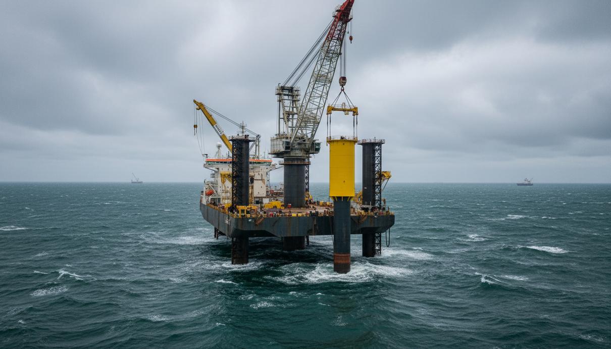 Процесс установки стального основания морской ветроэнергетической установки в открытом море