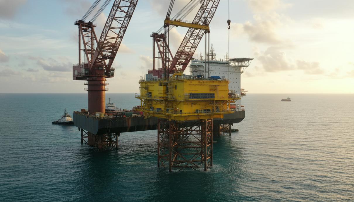 Судно устанавливает морскую трансформаторную подстанцию на стальное основание в открытом море