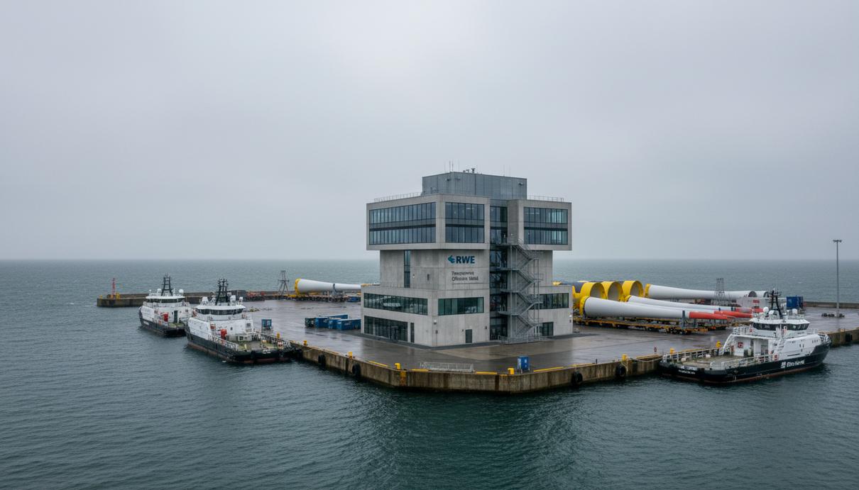 Современное здание сервисного центра в промышленном порту на берегу моря под пасмурным небом