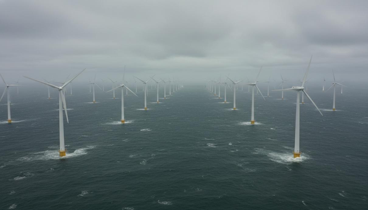 Морские ветряные турбины белого цвета в открытом море под облачным небом на фоне горизонта