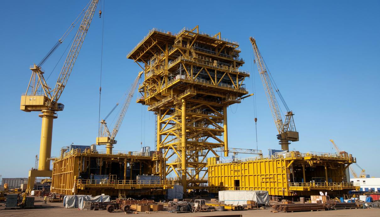 Крупногабаритная стальная надстройка морской подстанции на этапе монтажа на территории верфи