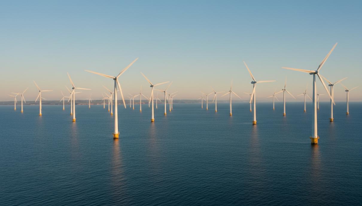 Офшорные ветряные турбины со стационарными основаниями в море у северо-восточного побережья Англии