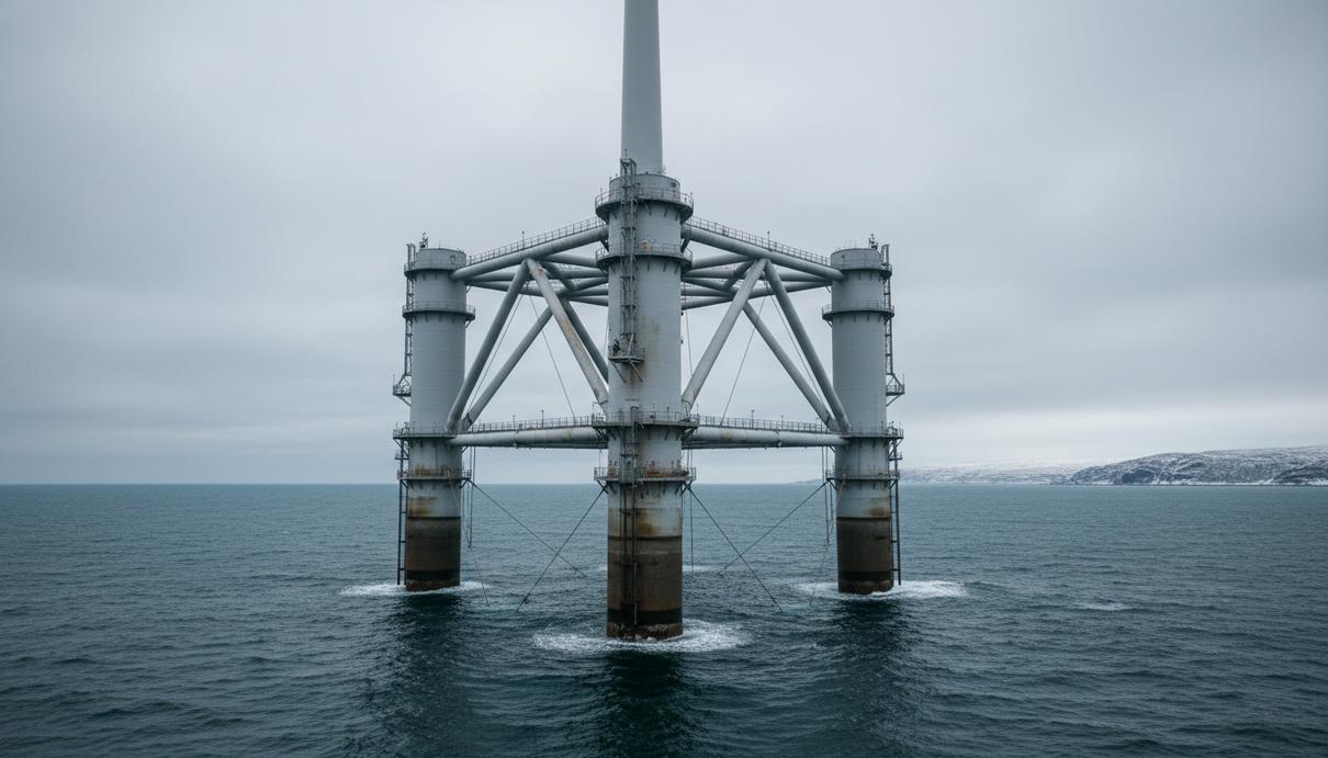 Плавучая ветряная турбина на стальном фундаменте в открытом море на фоне норвежского побережья