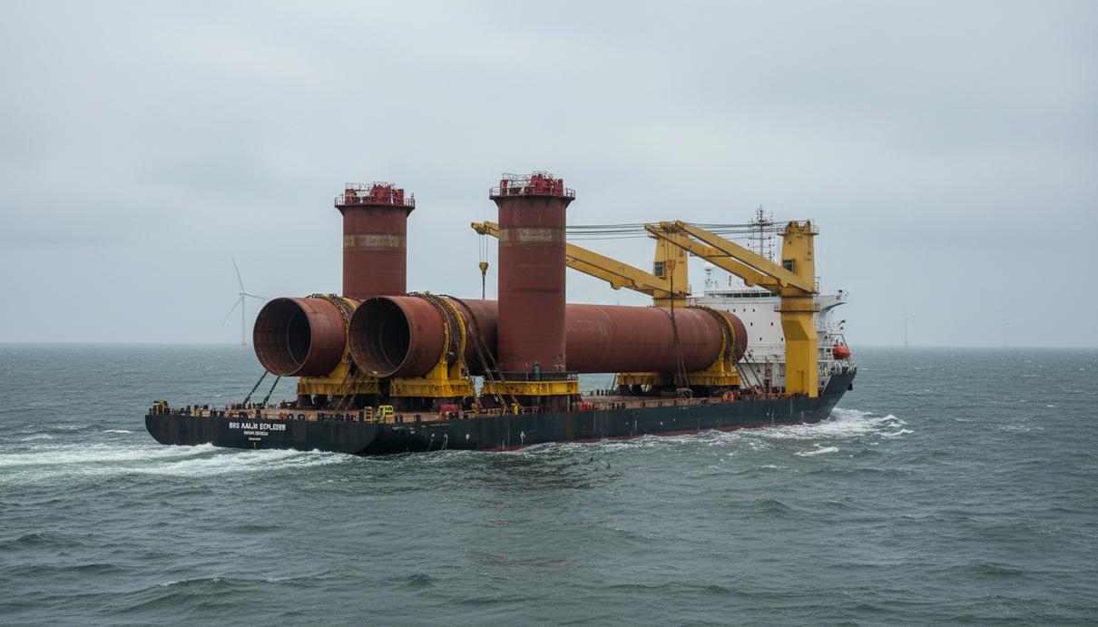 Специализированное грузовое судно перевозит массивные стальные основания для морских ветрогенераторов