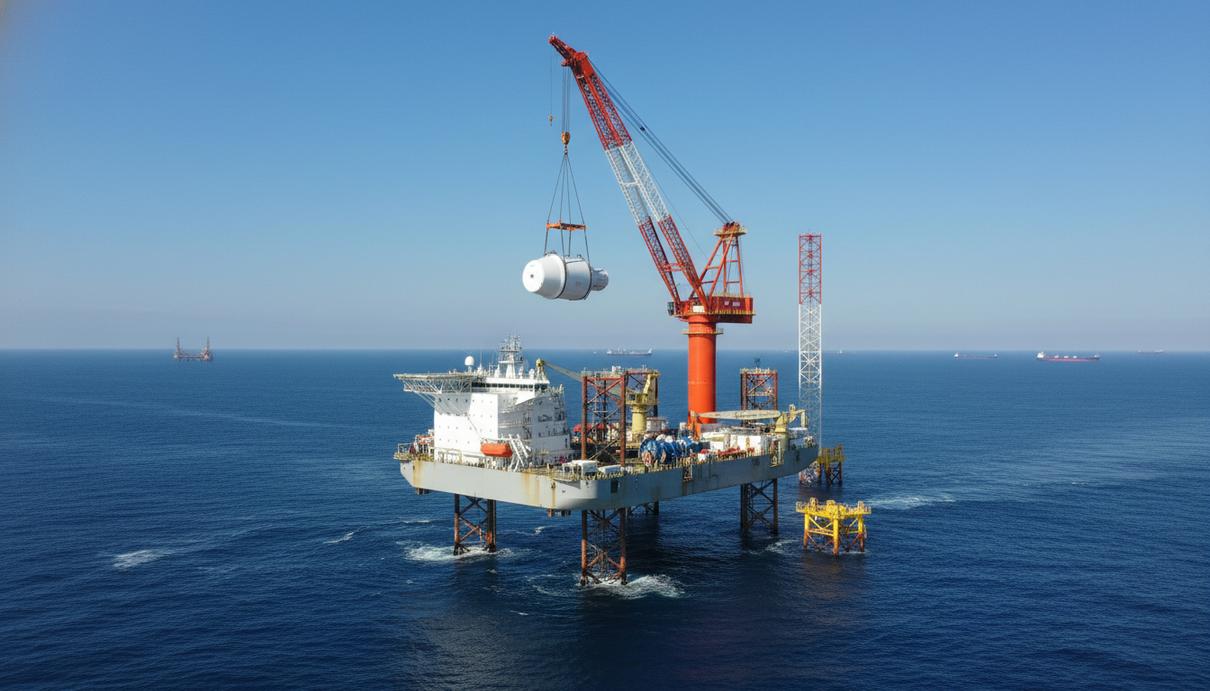 Установка компонентов ветрогенератора при помощи крана на специализированном судне в открытом море.