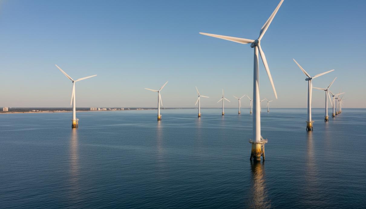 Несколько морских ветряных генераторов в океане у побережья Вирджинии при дневном свете