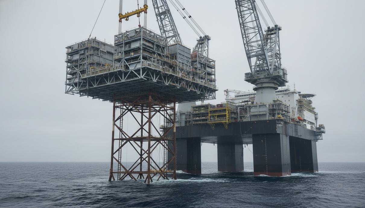 Процесс установки массивной морской платформы на стальное основание с помощью кранового судна в море.