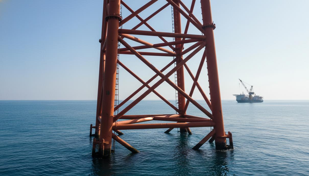 Основание ветрогенератора типа джекет установлено в море у побережья Франции