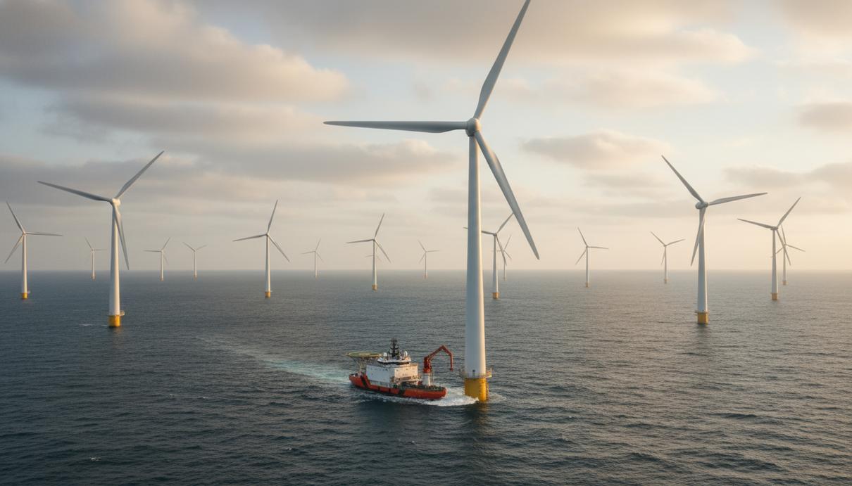 Морские ветряные турбины в открытом море и судно технической поддержки у основания одной из опор.