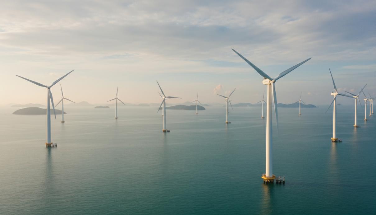 Современные морские ветрогенераторы установлены в прибрежной акватории Вьетнама на фоне горизонта.