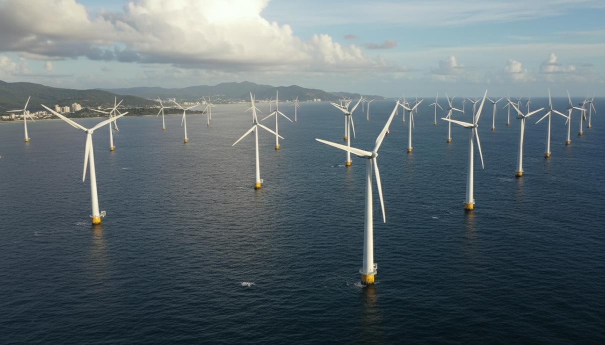 Морские ветрогенераторы в прибрежных водах Бразилии на фоне горизонта под чистым небом.