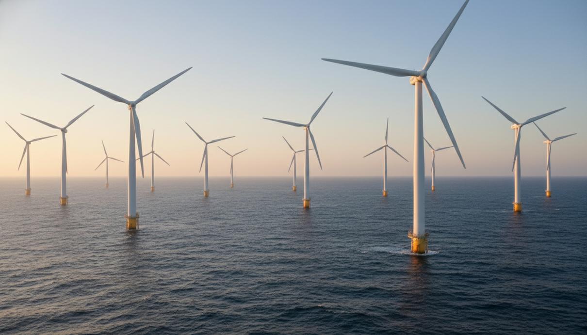 Белые ветрогенераторы в открытом море на фоне утреннего неба и синей воды.