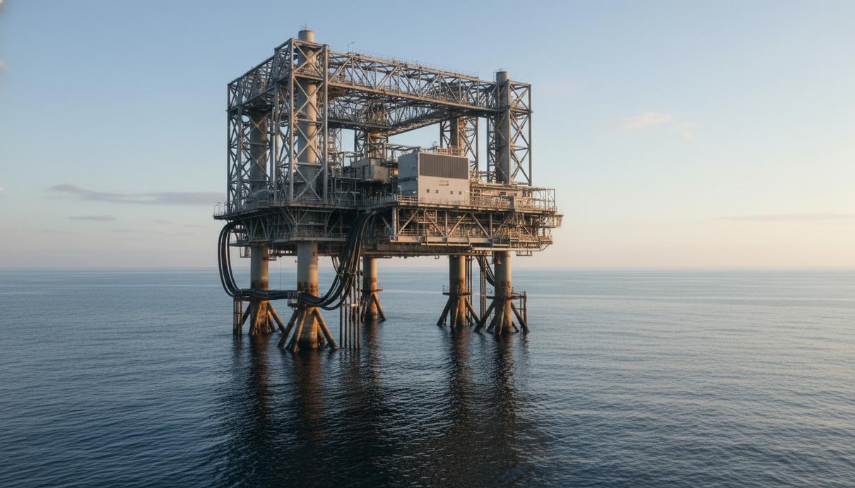 Массивная стальная платформа для сбора электроэнергии в открытом море на фоне горизонта