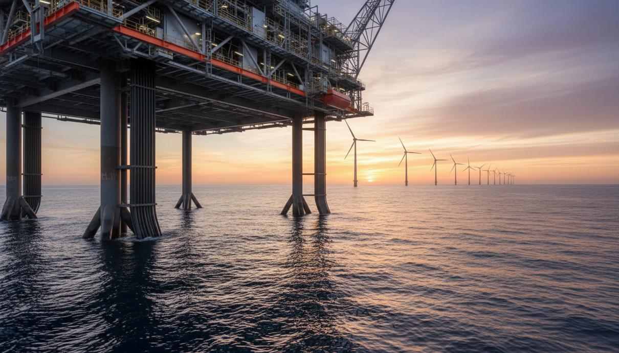 Нидерланды создадут отдельную ценовую зону для морских ветропарков Морская электрическая подстанция в открытом море на фоне силуэтов ветрогенераторов в сумерках
