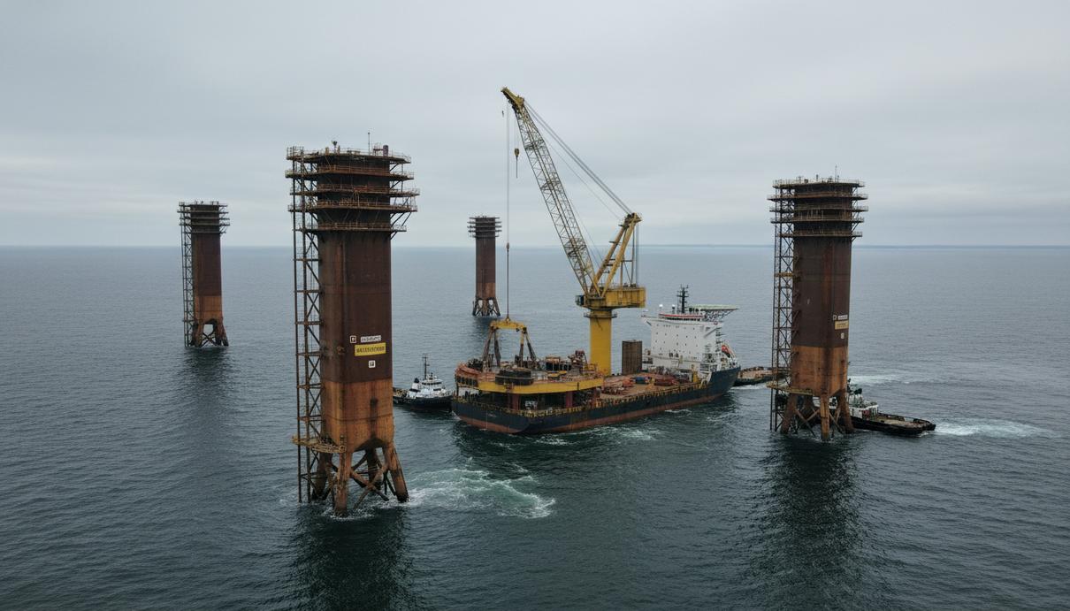 Orlen выбрала проектировщиков для морской ветроэлектростанции на 900 МВт Металлические основания морских ветровых турбин в воде и строительное судно на горизонте