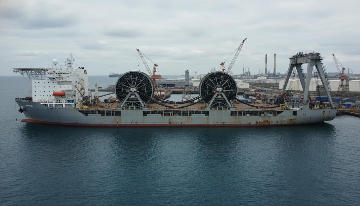 Огромное судно-кабелеукладчик в промышленной гавани на фоне морского горизонта