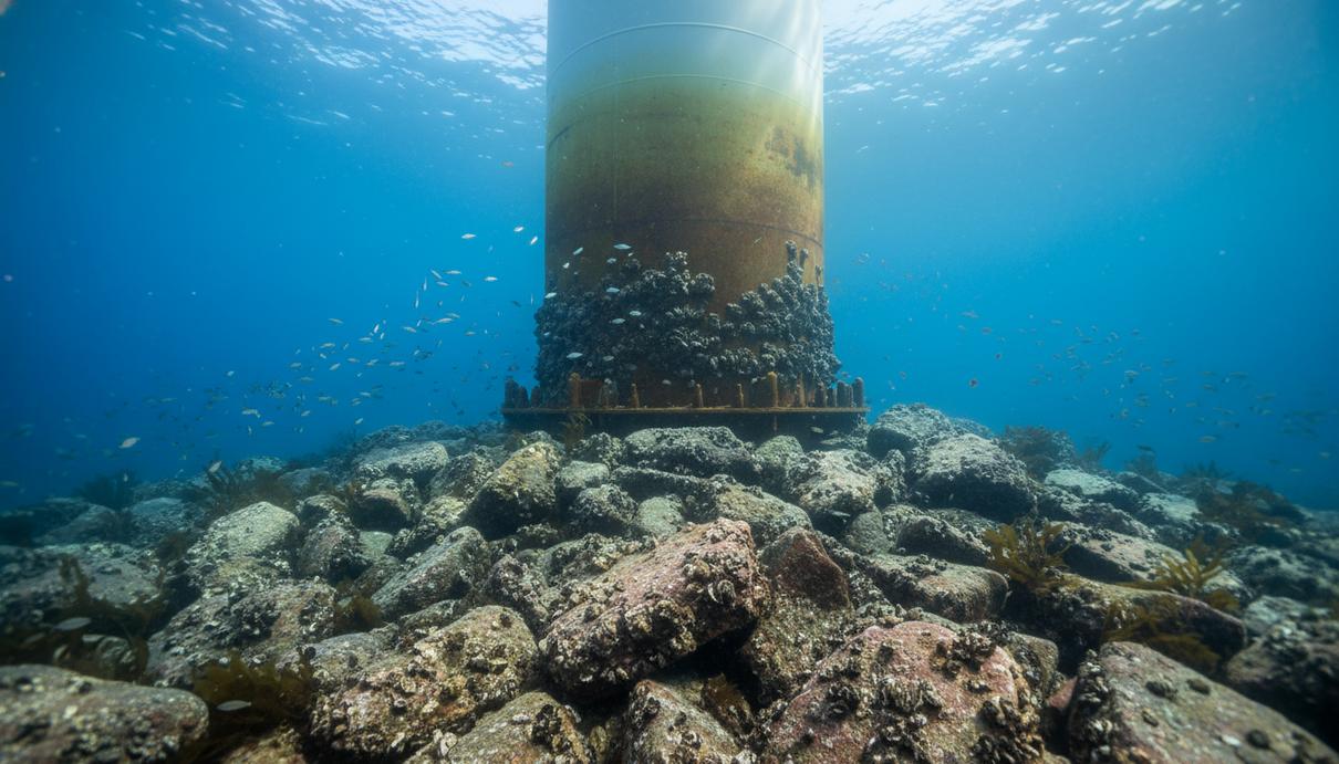 Основание морской ветряной турбины на дне Северного моря, обросшее устричными рифами