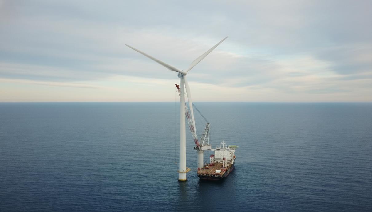 Морской ветрогенератор и монтажное судно с краном в открытом море у побережья Дании