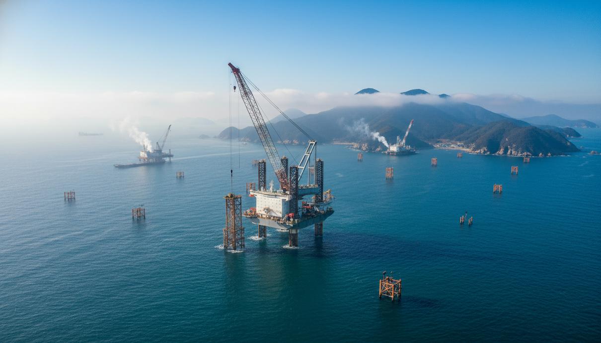 Монтажное судно устанавливает основания ветрогенераторов в море у берегов Южной Кореи