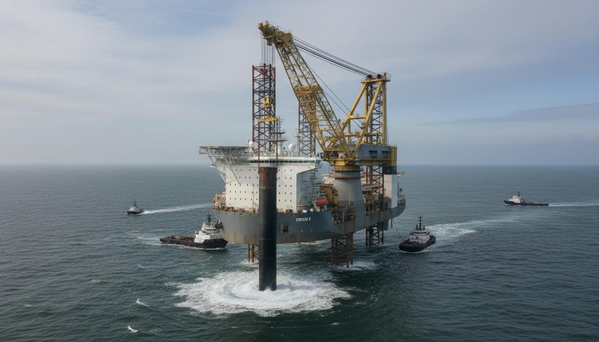 Специализированное судно устанавливает массивную стальную опору ветрогенератора в открытом море