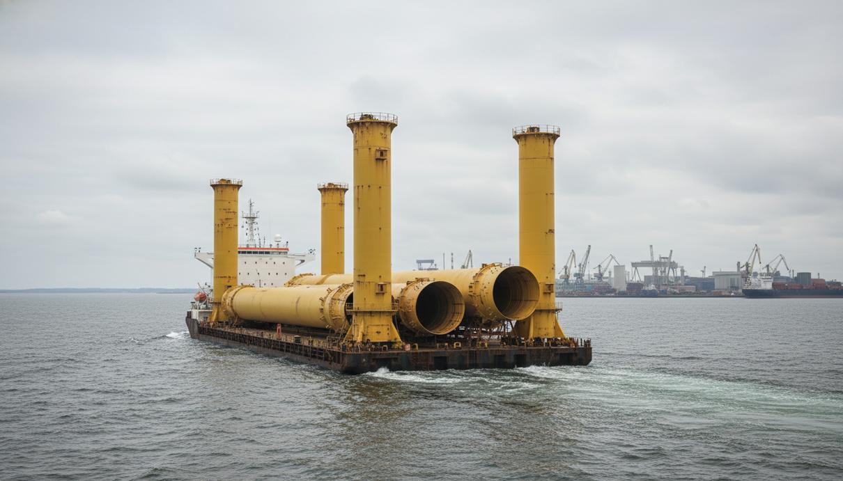 Желтые стальные основания для морских ветропарков на палубе судна на фоне Балтийского моря