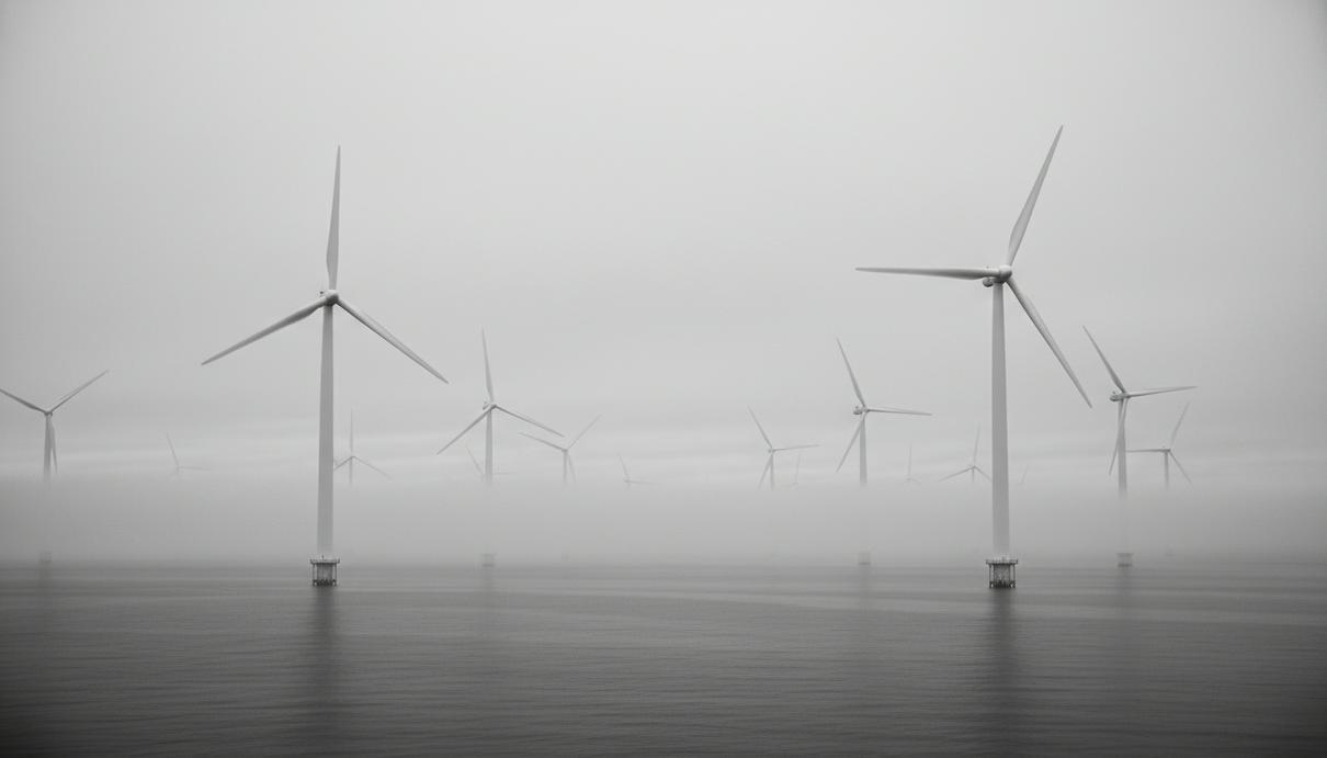 Морские ветряные турбины с белыми лопастями в океане в туманную погоду