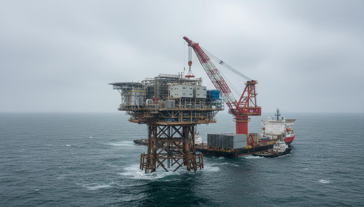 RWE завершила установку подстанций на ветропарке Nordseecluster A Морская трансформаторная подстанция на стальном основании в открытом море рядом с крановым судном