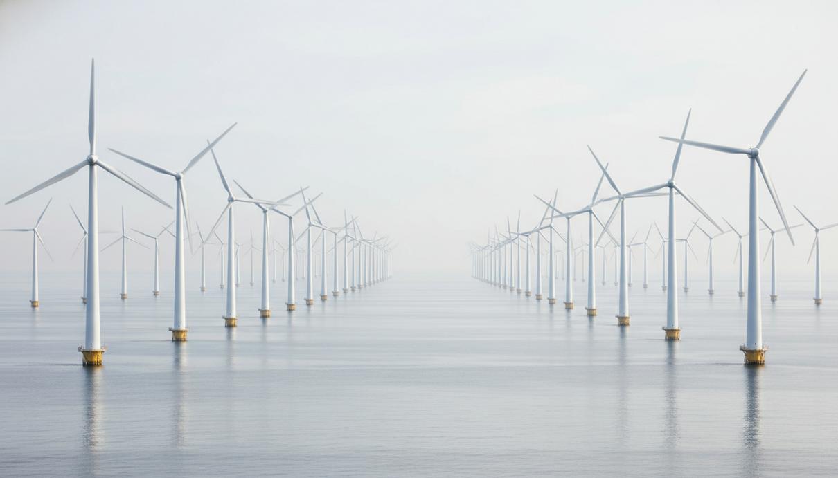Морская ветряная электростанция с рядами белых турбин в открытом море под дымчатым небом.