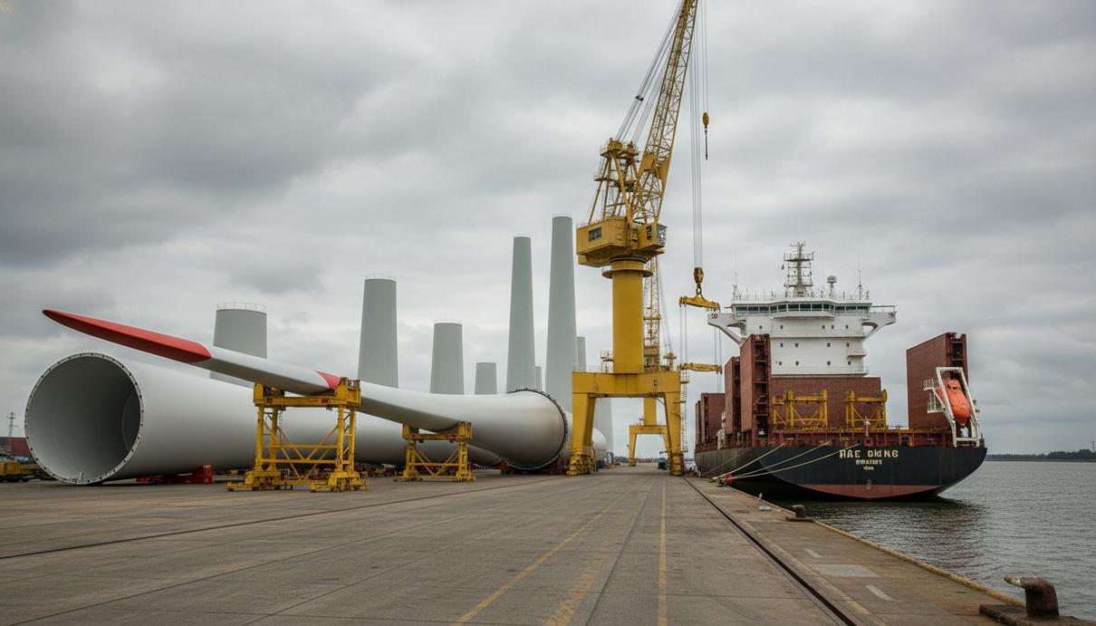 Порт Эмсхавен увеличил мощности причала для проектов ветроэнергетики Промышленный причал в порту Эмсхавен с компонентами ветрогенераторов и морской техникой
