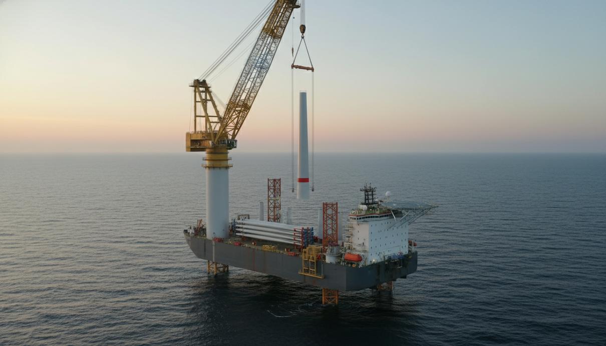 Специализированное судно с подъемным краном устанавливает башню ветрогенератора в открытом море.