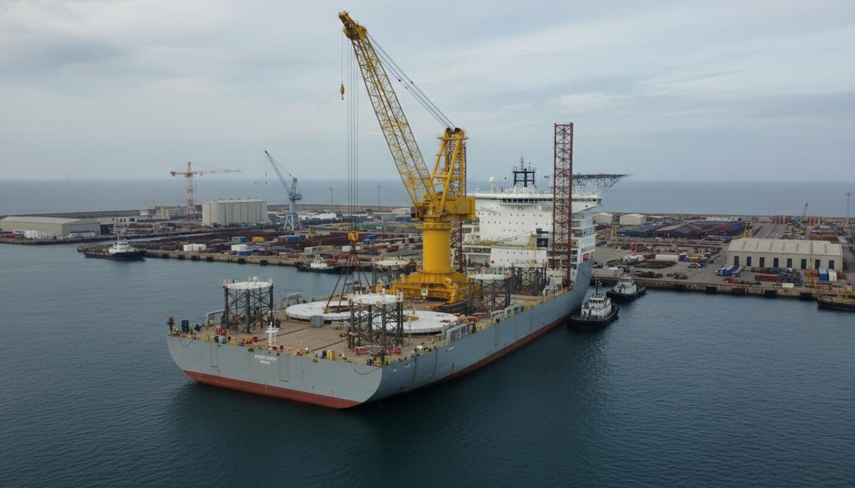 Крупное судно для установки морских ветрогенераторов с массивным желтым краном в промышленном порту.