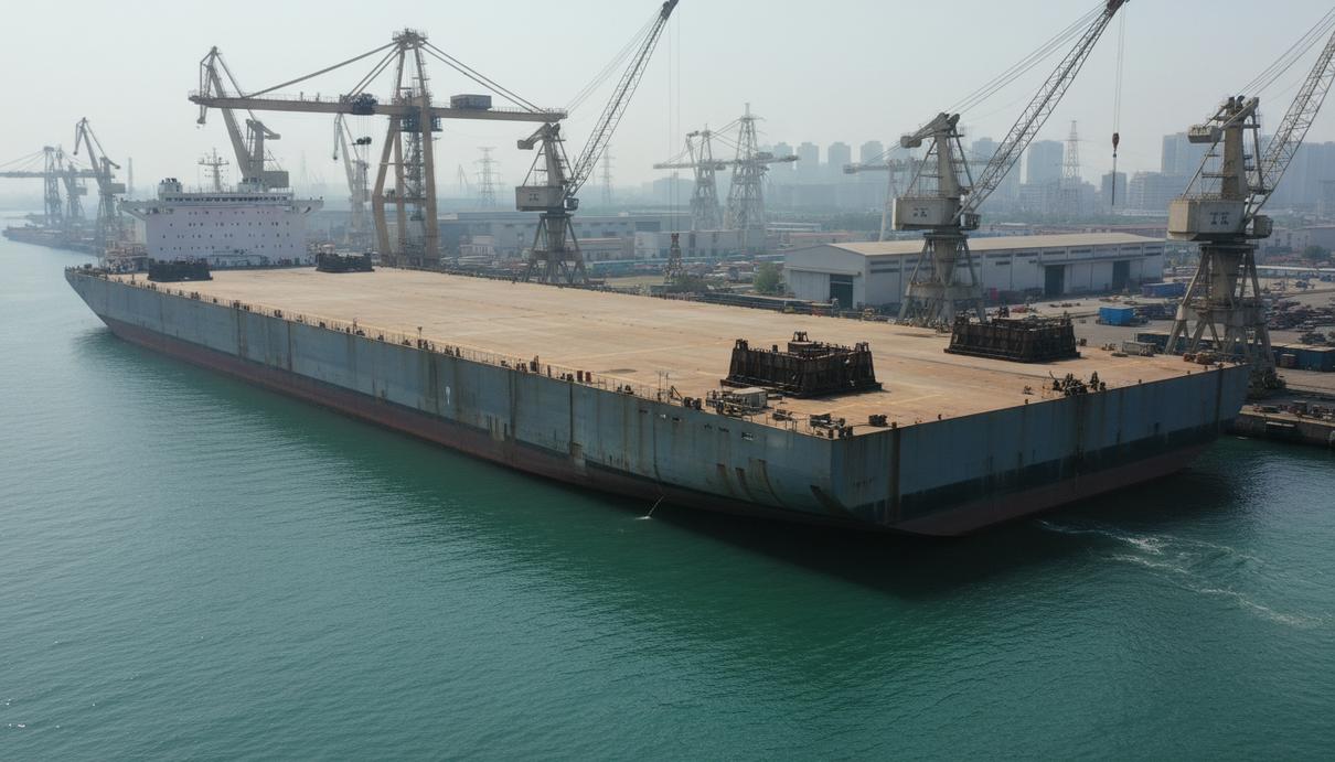 Огромное грузовое судно с широкой плоской палубой в морском порту на фоне портовых кранов и верфи