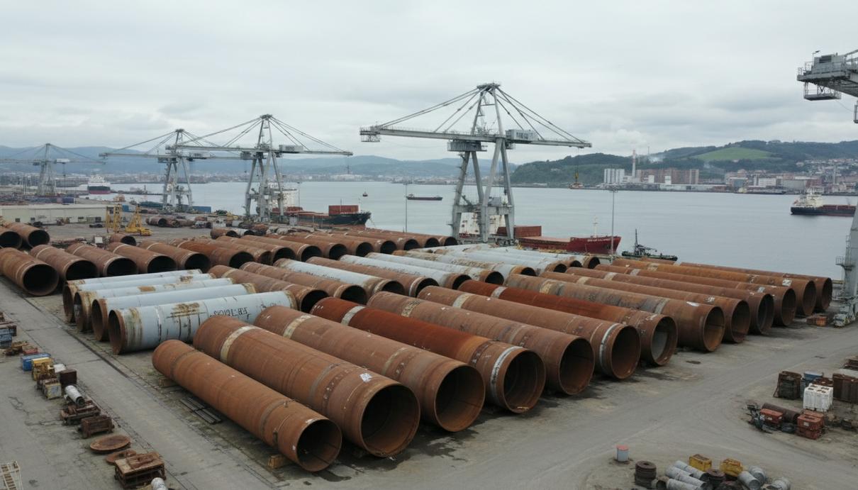 Огромные стальные основания для морских ветрогенераторов на территории промышленного предприятия в порту