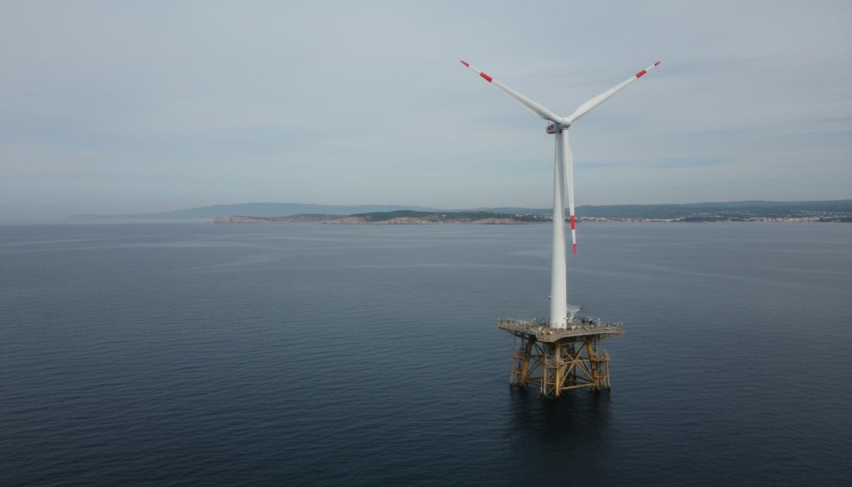 Плавучая ветряная турбина на стальной платформе в открытом море у побережья Франции.