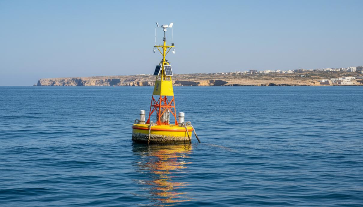 Океанографический буй с измерительным оборудованием в открытом море на фоне горизонта.