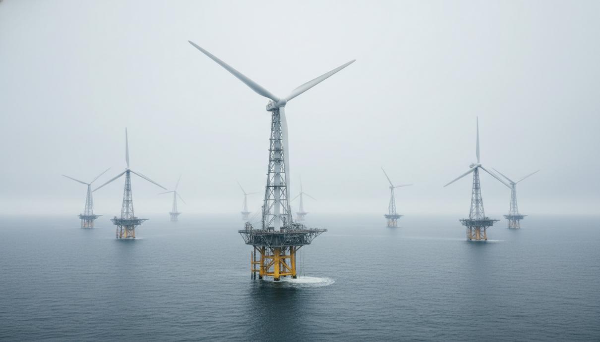 Плавучие ветровые турбины в открытом море у побережья Шотландии на фоне горизонта