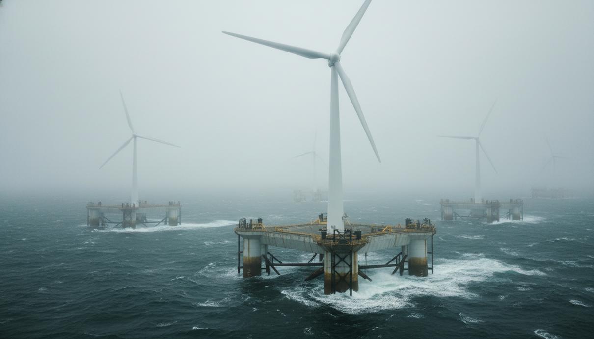 Плавучие морские ветроэлектрические установки в северном море на фоне пасмурного неба