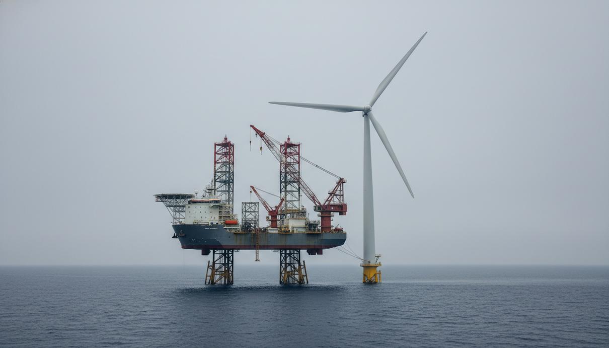 Самоподъемное судно обслуживает морскую ветровую турбину в открытом море