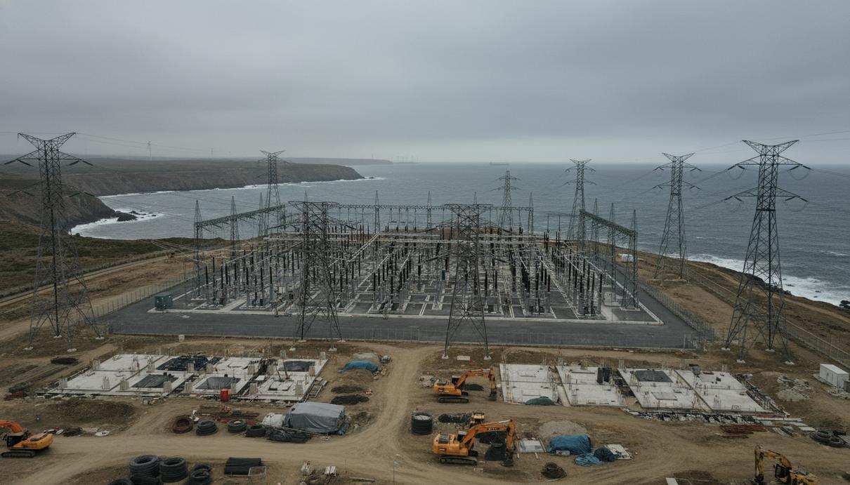 Высоковольтные линии электропередачи и промышленная подстанция на морском побережье под облачным небом.