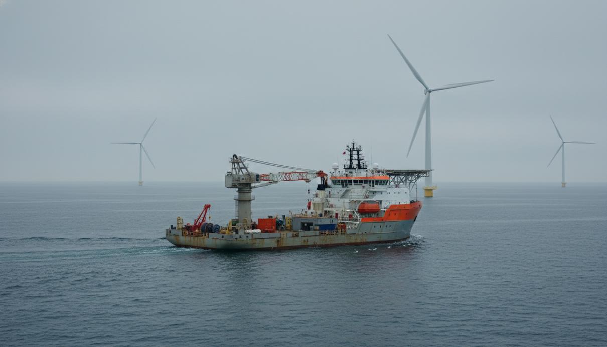 Специализированное судно для обслуживания подводных кабелей в море на фоне морских ветрогенераторов