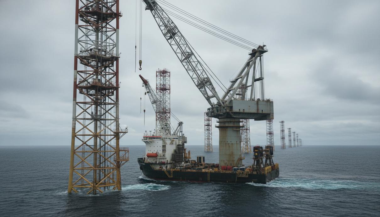 Специализированное крановое судно в открытом море рядом с мачтами морских ветряных турбин